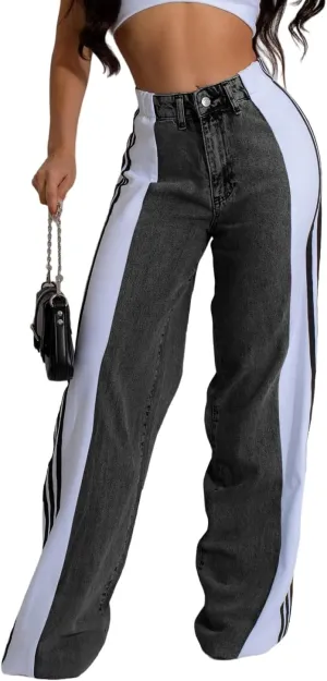 High-Waisted Denim Wide-Leg Jeans, Striped Side Panel Design, Stretch Bootcut, Light Blue