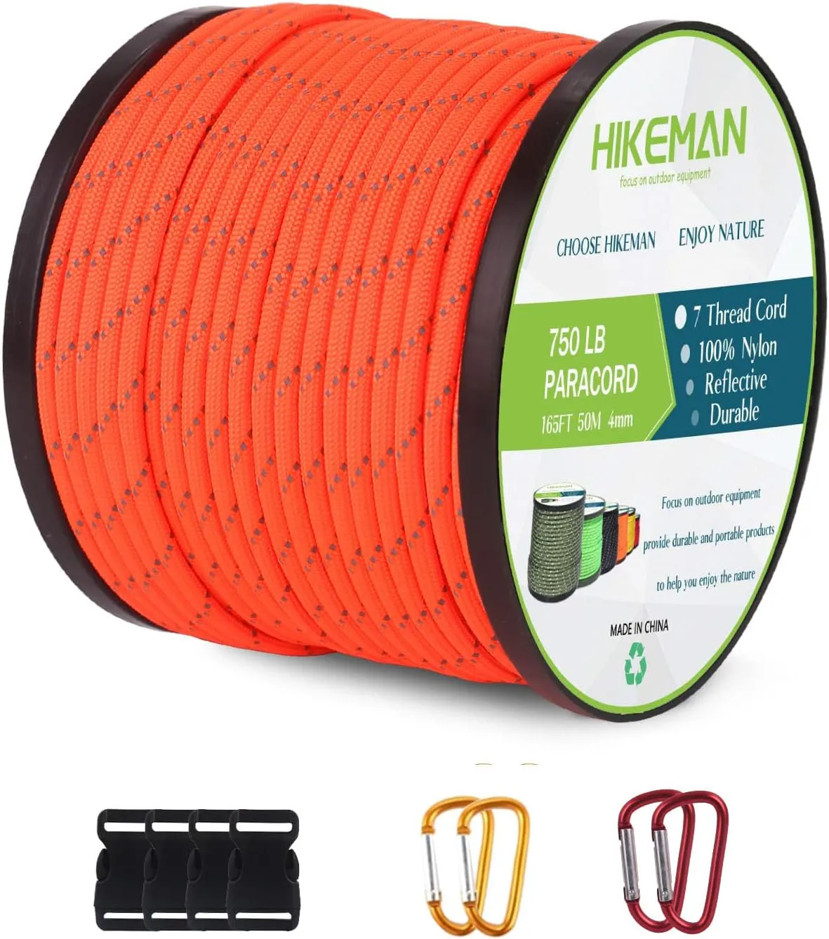 HIKEMAN 750lb Nylon Paracord Rope - 4mm Reflective 165ft Parachute Cord with Spool Utility Cordage Rope for Camping Hiking Survival Bracelets and Lanyards (Orange)