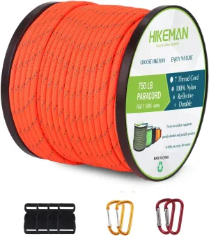 HIKEMAN 750lb Nylon Paracord Rope - 4mm Reflective 165ft Parachute Cord with Spool Utility Cordage Rope for Camping Hiking Survival Bracelets and Lanyards (Orange)