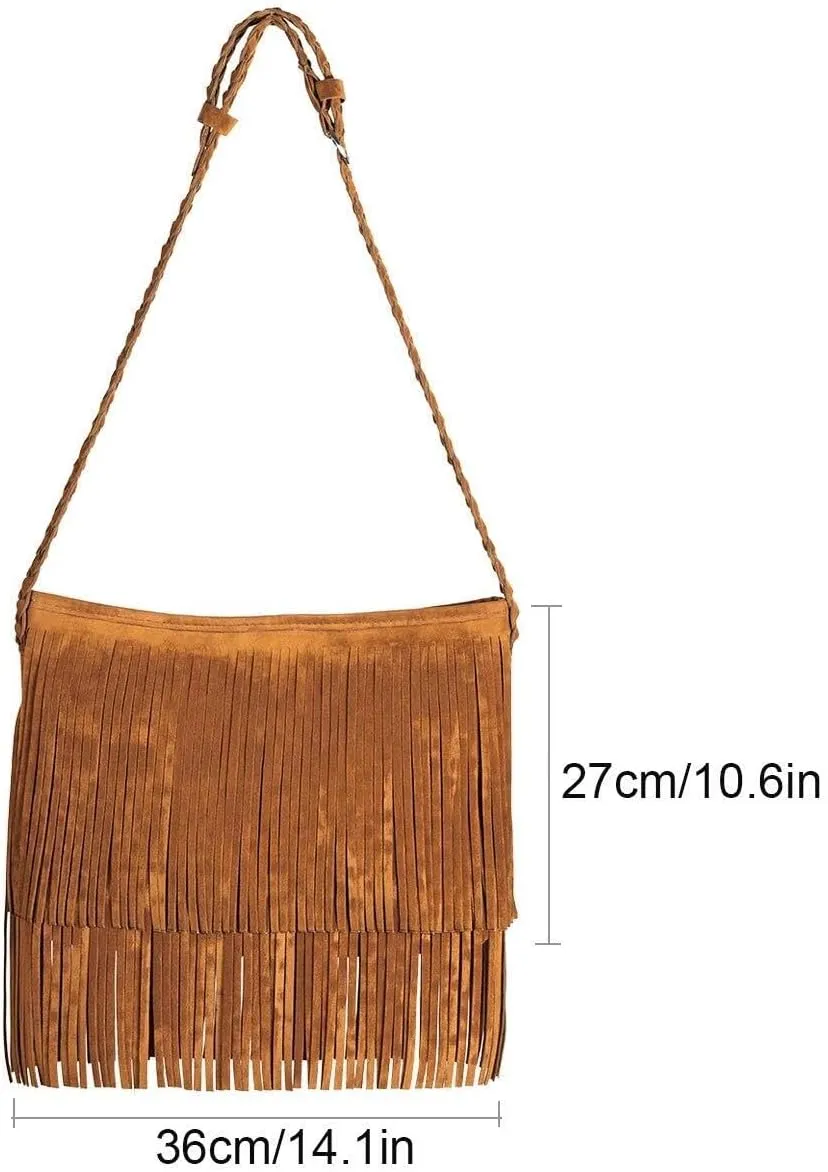 Hippie Suede Fringe Tassel Messenger Bag Women Hobo Shoulder Bags Crossbody Handbag,Brown