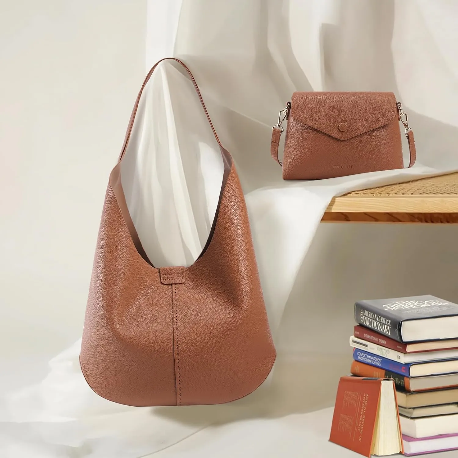 HKCLUF Hobo Bags Purses for Women 2PCS/Set,Soft Vegan Leather Slouchy Shoulder Handbags with Small Crossbody Bags for Women