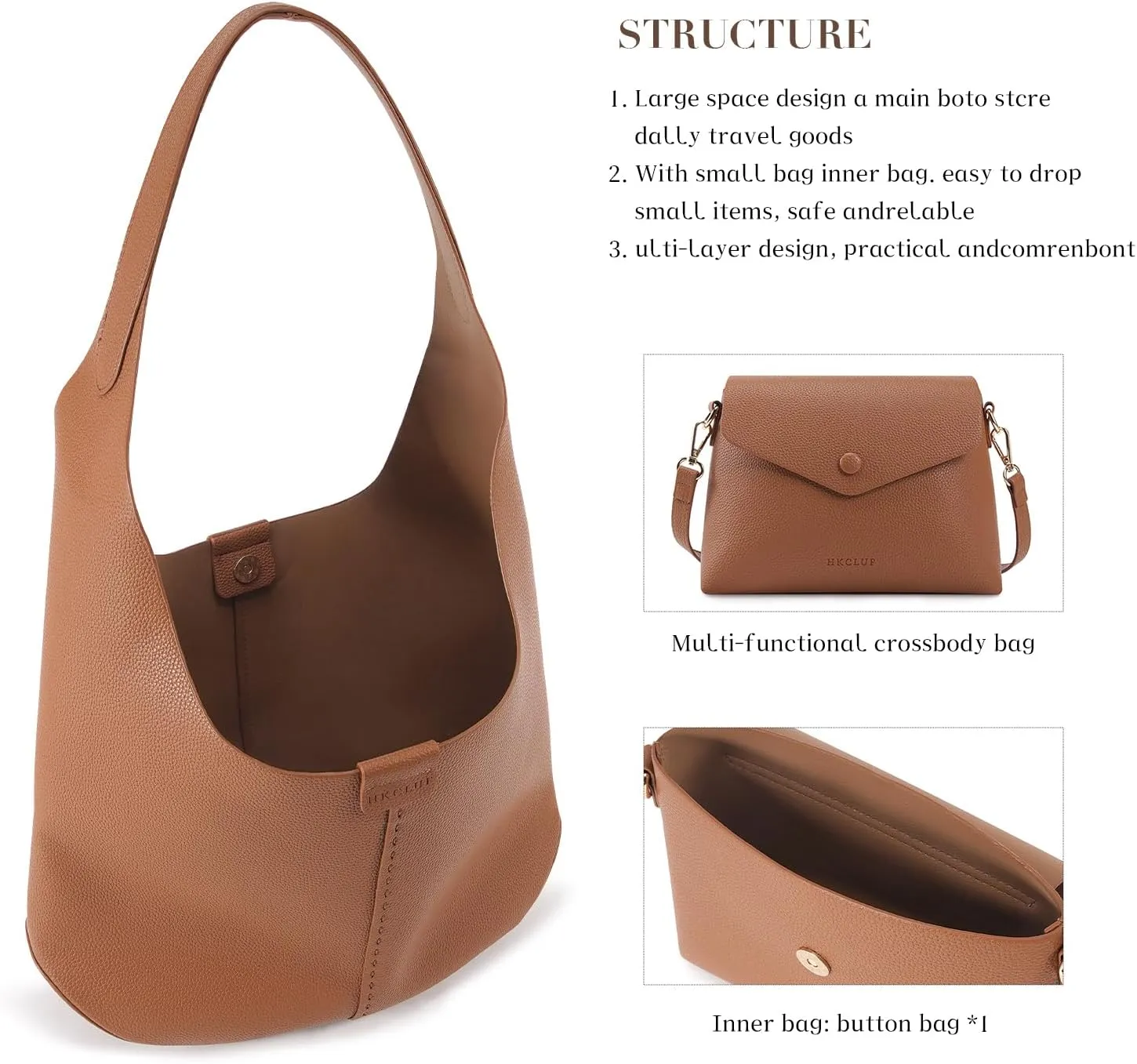 HKCLUF Hobo Bags Purses for Women 2PCS/Set,Soft Vegan Leather Slouchy Shoulder Handbags with Small Crossbody Bags for Women