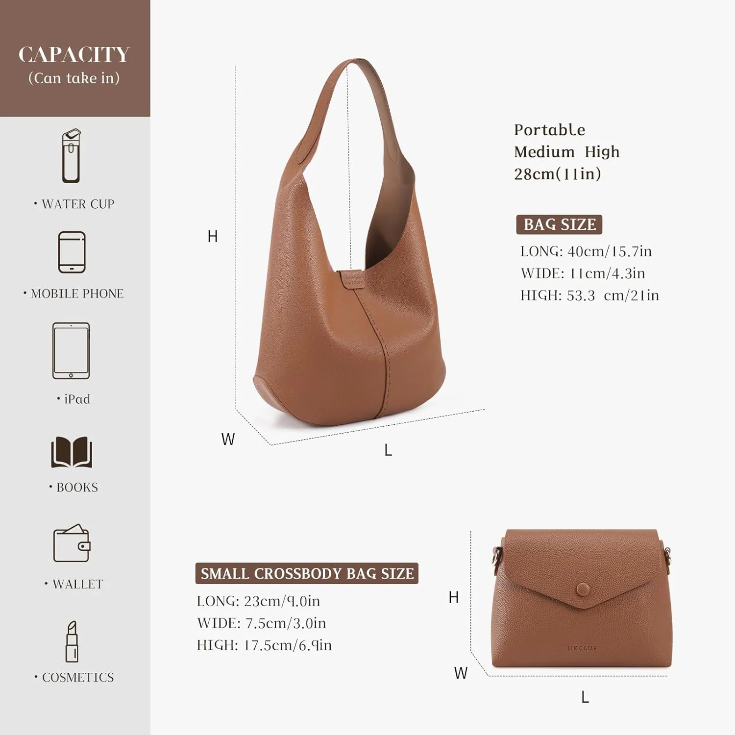 HKCLUF Hobo Bags Purses for Women 2PCS/Set,Soft Vegan Leather Slouchy Shoulder Handbags with Small Crossbody Bags for Women