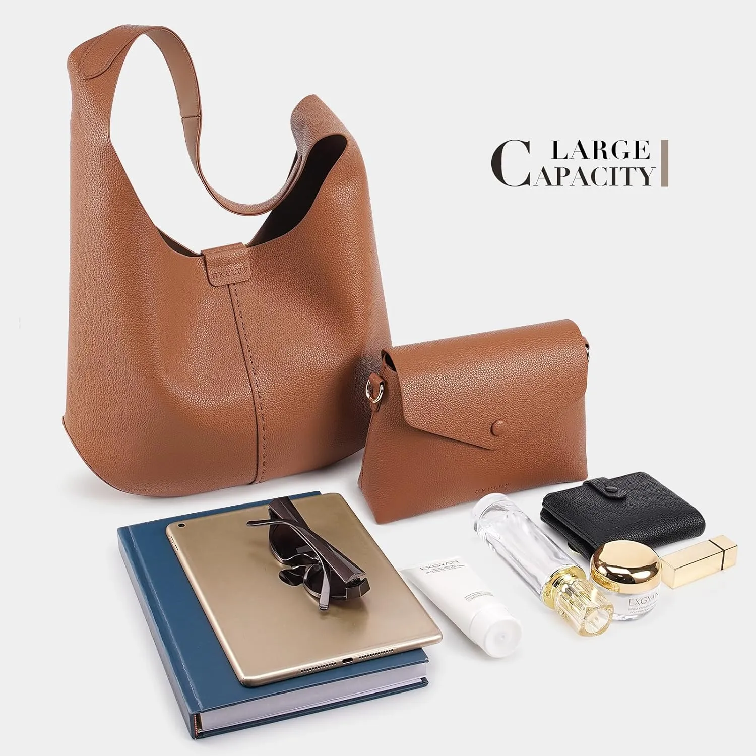 HKCLUF Hobo Bags Purses for Women 2PCS/Set,Soft Vegan Leather Slouchy Shoulder Handbags with Small Crossbody Bags for Women