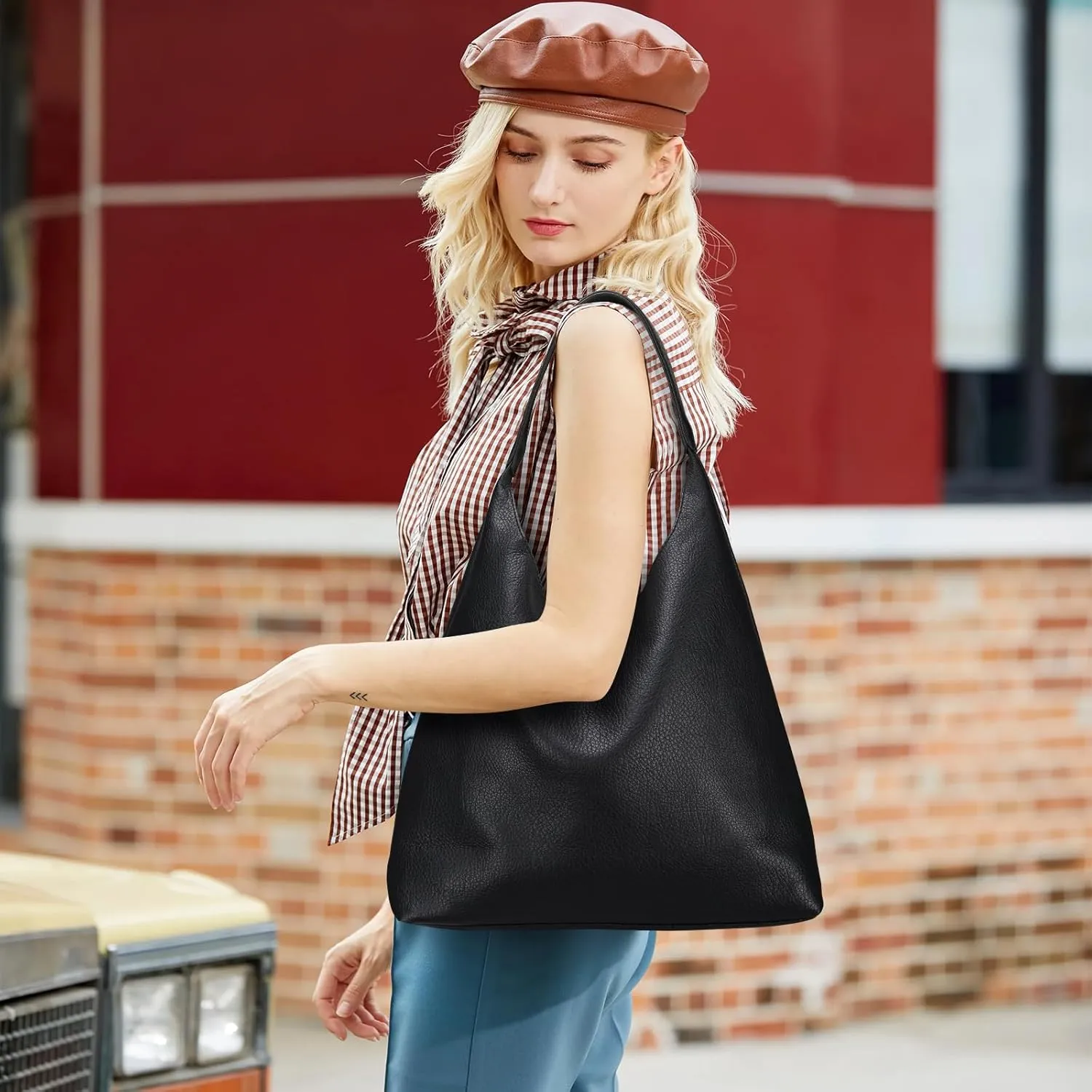 Hobo Bags for Women, Soft Vegan Leather Shoulder Handbags, Slouchy Tote Purses with Makeup Bag