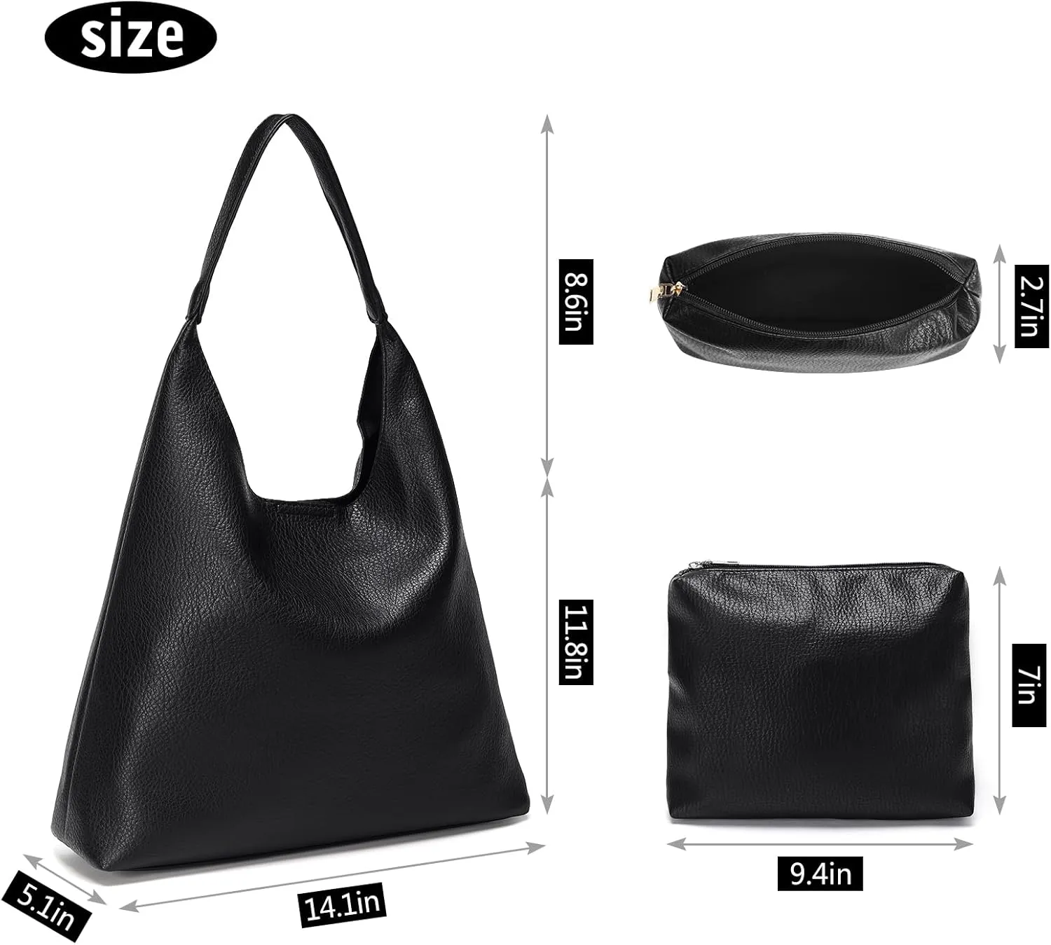 Hobo Bags for Women, Soft Vegan Leather Shoulder Handbags, Slouchy Tote Purses with Makeup Bag