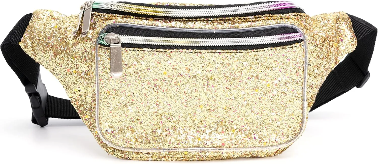 Holographic Rave Gold Gravel Glitter Fanny Pack For Women Grils Festival Waist Belt Bags -Gold Gravel
