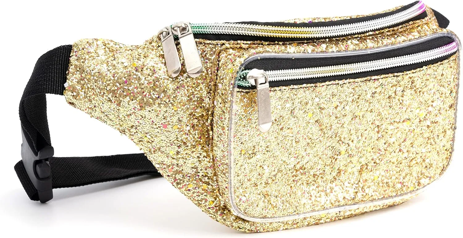 Holographic Rave Gold Gravel Glitter Fanny Pack For Women Grils Festival Waist Belt Bags -Gold Gravel