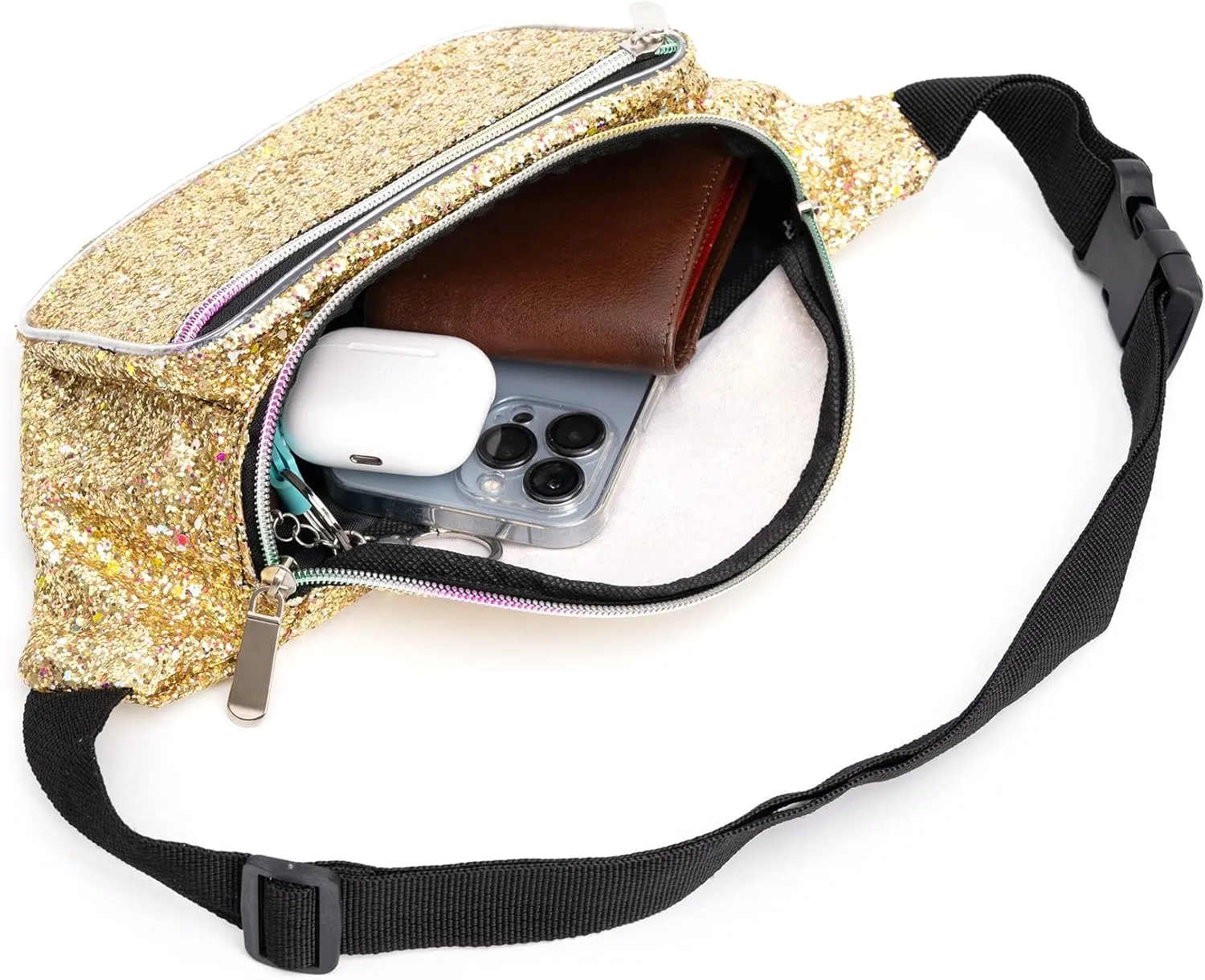 Holographic Rave Gold Gravel Glitter Fanny Pack For Women Grils Festival Waist Belt Bags -Gold Gravel
