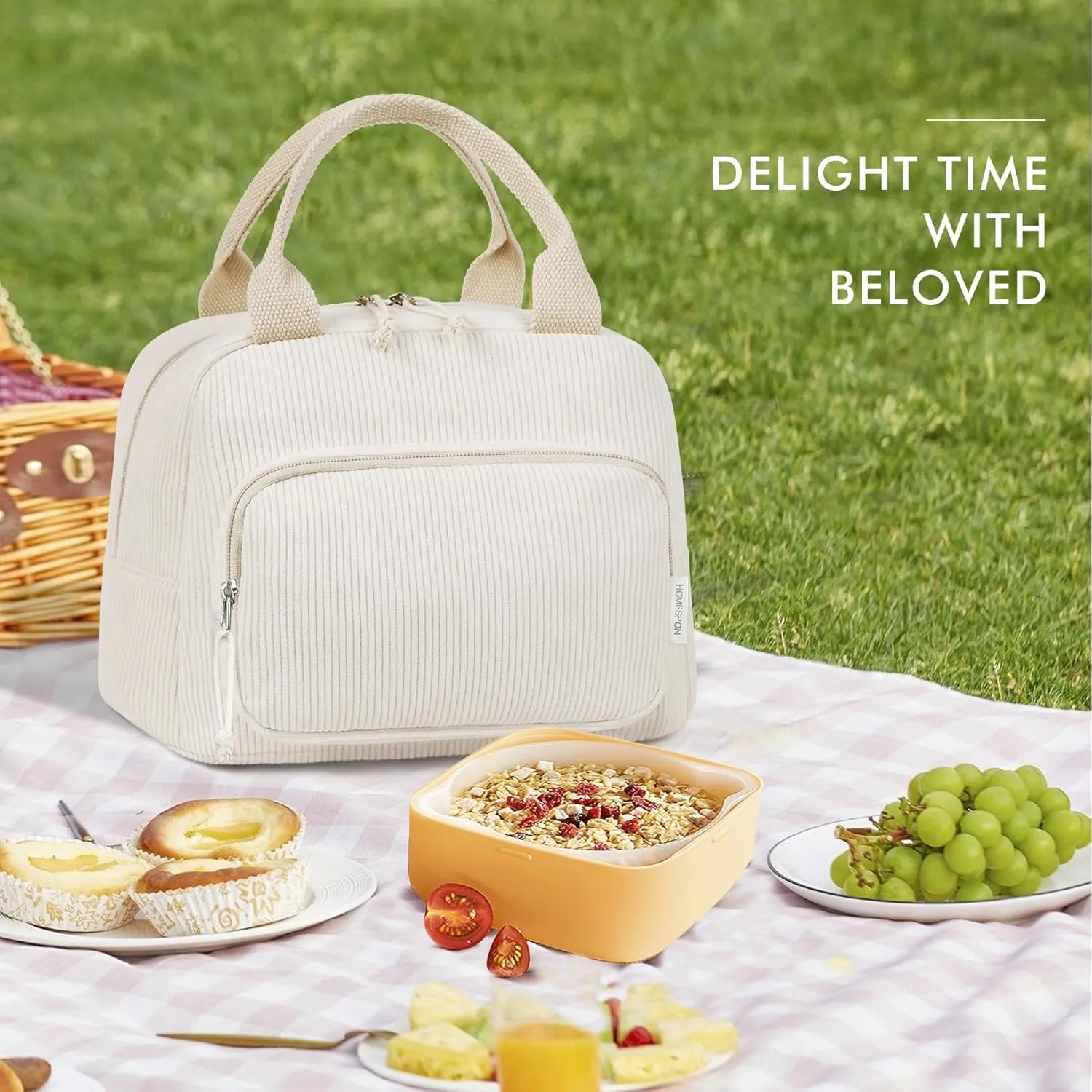HOMESPON Lunch Bag for Women Men Adults with Front Pocket Cute Corduroy Insulated Lunch Tote Large Capacity Lunch Box Cooler Container for Work Picnic or Travel (Beige)
