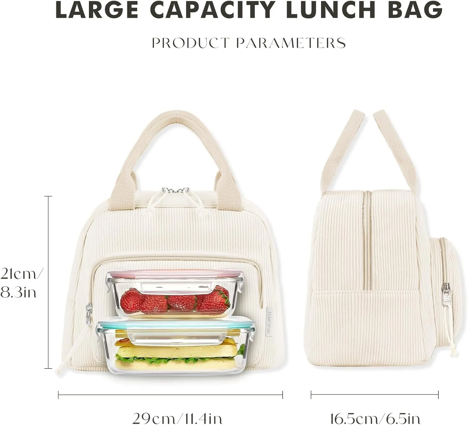 HOMESPON Lunch Bag for Women Men Adults with Front Pocket Cute Corduroy Insulated Lunch Tote Large Capacity Lunch Box Cooler Container for Work Picnic or Travel (Beige)
