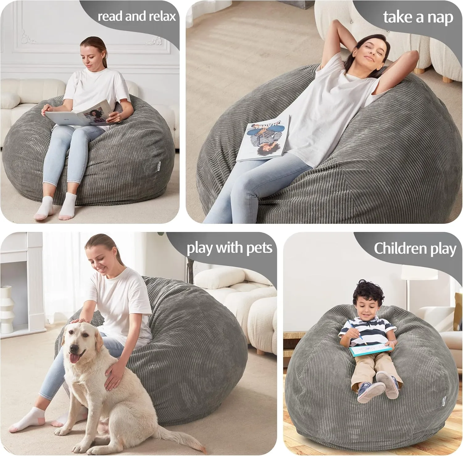 Homguava Bean Bag Chair: Teardrop Bean Bags with Memory Foam Filled, Compact Beanbag Chairs Soft Sofa with Corduroy Cover (Grey)