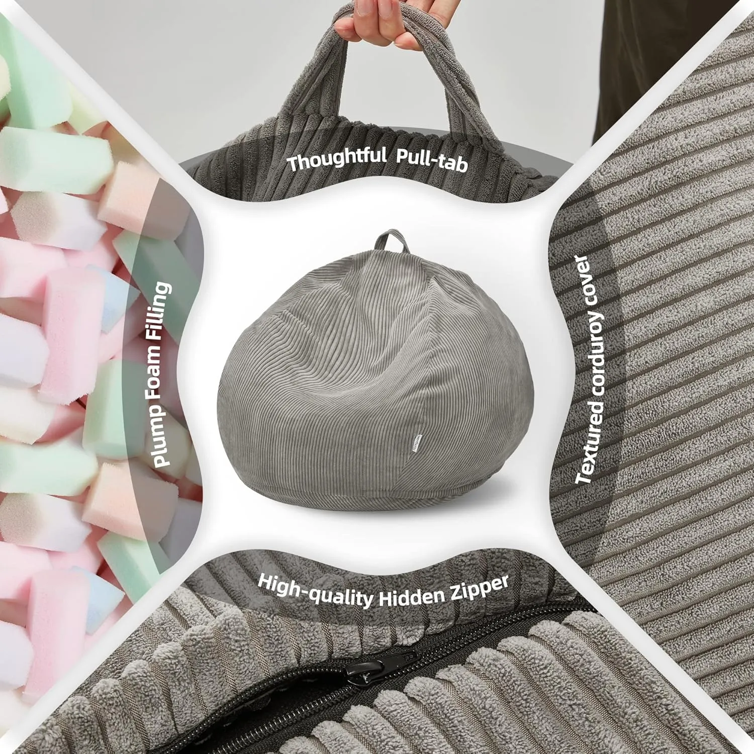 Homguava Bean Bag Chair: Teardrop Bean Bags with Memory Foam Filled, Compact Beanbag Chairs Soft Sofa with Corduroy Cover (Grey)