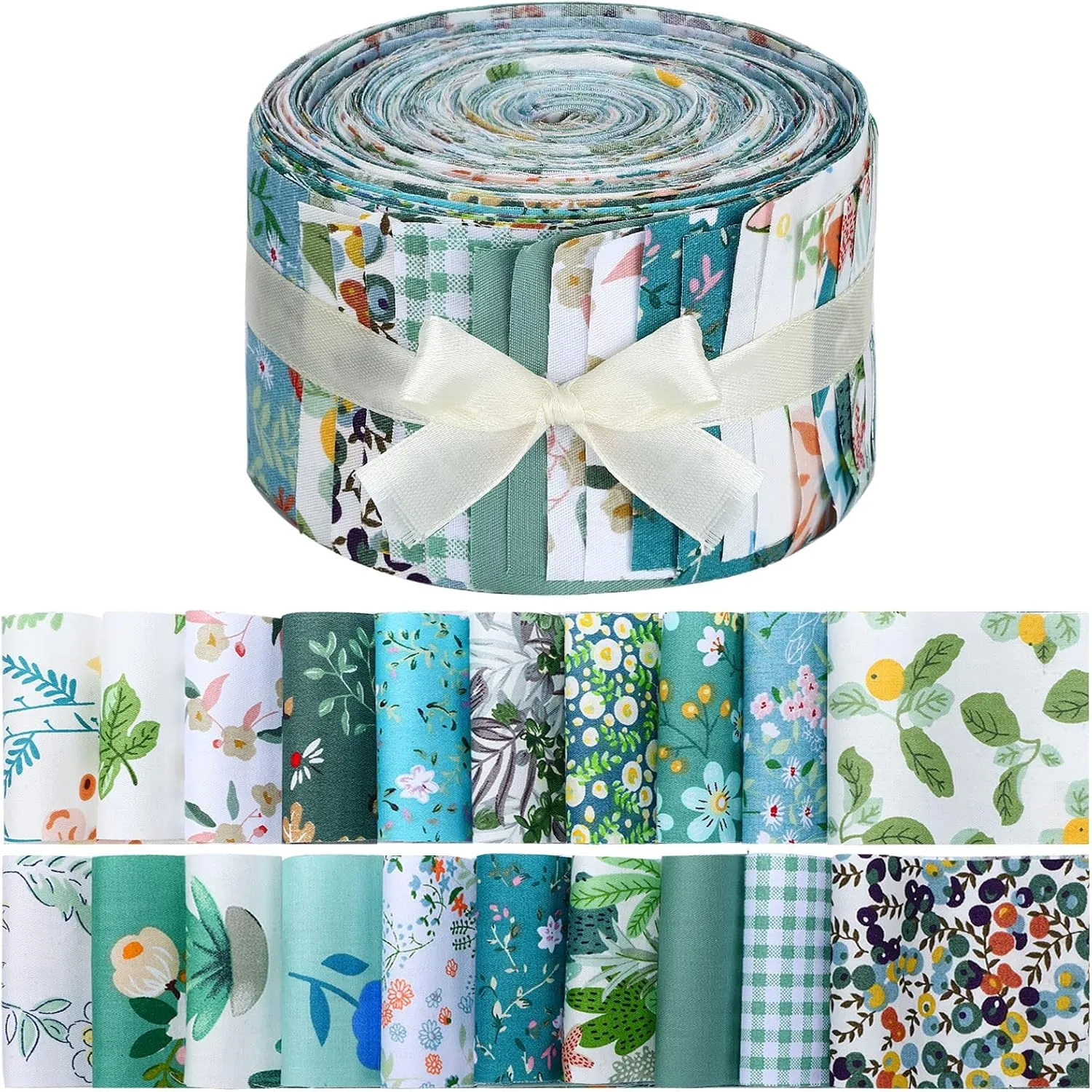 Hosuly 40 Pcs Blue Green Floral Fabric Spring Jelly Fabric for Quilting Patchwork Roll 2.55 Inch Floral Quilting Strips Precut Patchwork for Sewing DIY Crafts