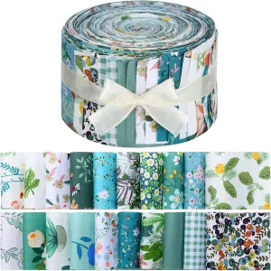Hosuly 40 Pcs Blue Green Floral Fabric Spring Jelly Fabric for Quilting Patchwork Roll 2.55 Inch Floral Quilting Strips Precut Patchwork for Sewing DIY Crafts
