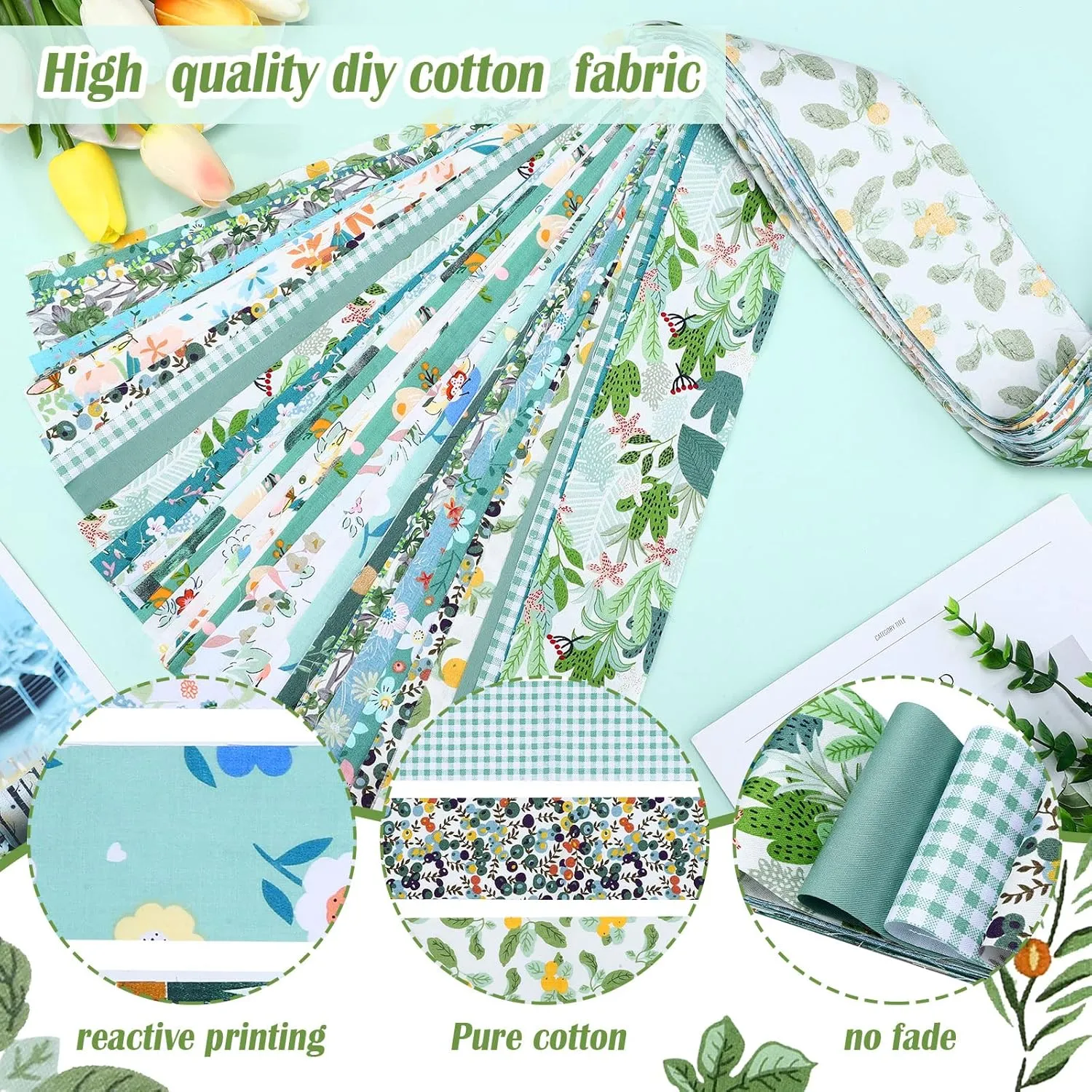 Hosuly 40 Pcs Blue Green Floral Fabric Spring Jelly Fabric for Quilting Patchwork Roll 2.55 Inch Floral Quilting Strips Precut Patchwork for Sewing DIY Crafts