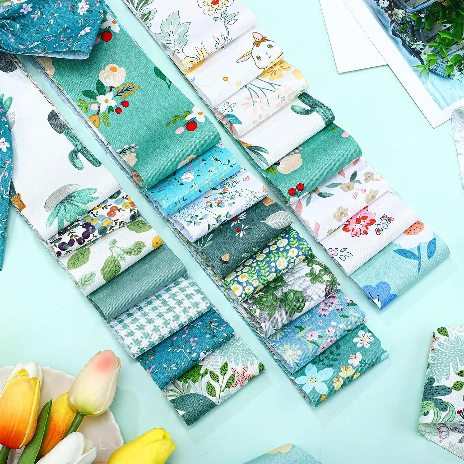 Hosuly 40 Pcs Blue Green Floral Fabric Spring Jelly Fabric for Quilting Patchwork Roll 2.55 Inch Floral Quilting Strips Precut Patchwork for Sewing DIY Crafts