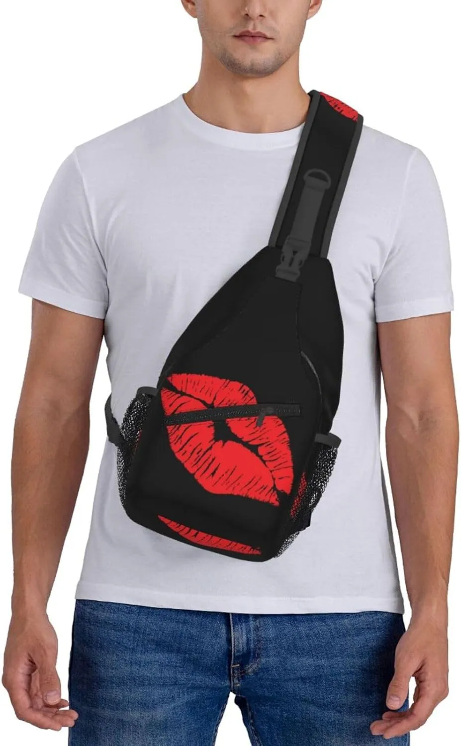 Hot Red Lips Kissing Crossbody Bag Cross Chest Bag Adjustable Sling Backpack Sports Gym Shoulder Bags Travel Cycling Daypack Diagonally Casual Rucksack