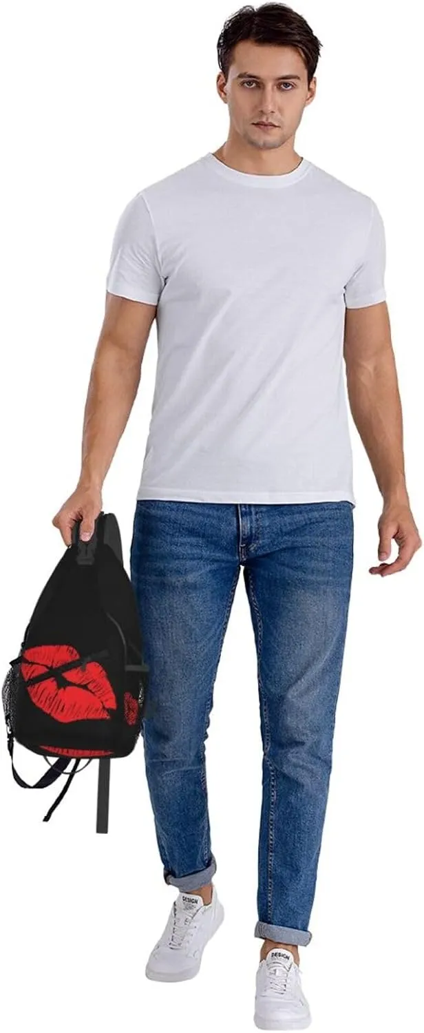 Hot Red Lips Kissing Crossbody Bag Cross Chest Bag Adjustable Sling Backpack Sports Gym Shoulder Bags Travel Cycling Daypack Diagonally Casual Rucksack