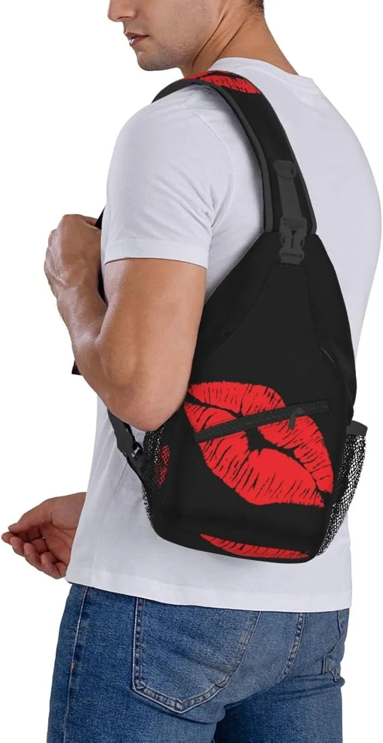 Hot Red Lips Kissing Crossbody Bag Cross Chest Bag Adjustable Sling Backpack Sports Gym Shoulder Bags Travel Cycling Daypack Diagonally Casual Rucksack