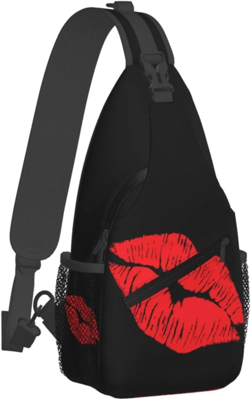 Hot Red Lips Kissing Crossbody Bag Cross Chest Bag Adjustable Sling Backpack Sports Gym Shoulder Bags Travel Cycling Daypack Diagonally Casual Rucksack