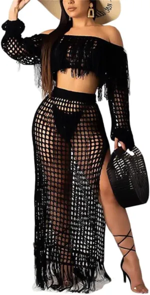 HOULENGS Women's 2 Piece Crochet Off Shoulder Cover Up Hollow Out High Split Tassel Skirt Sets