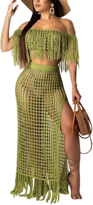 HOULENGS Women's 2 Piece Crochet Off Shoulder Cover Up Hollow Out High Split Tassel Skirt Sets