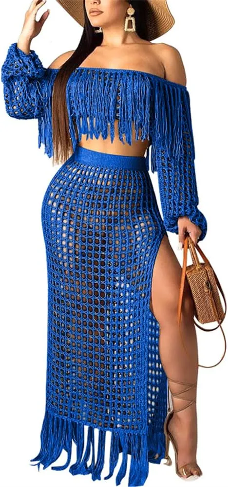 HOULENGS Women's 2 Piece Crochet Off Shoulder Cover Up Hollow Out High Split Tassel Skirt Sets