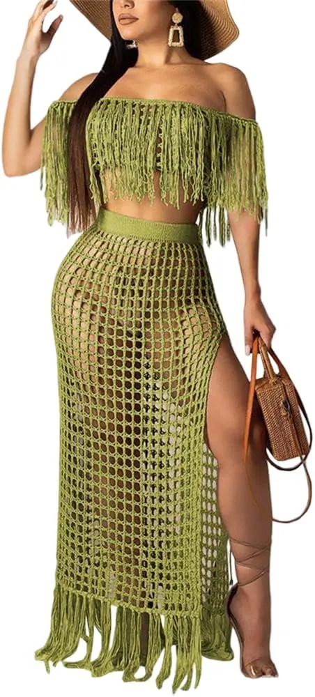 HOULENGS Women's 2 Piece Crochet Off Shoulder Cover Up Hollow Out High Split Tassel Skirt Sets
