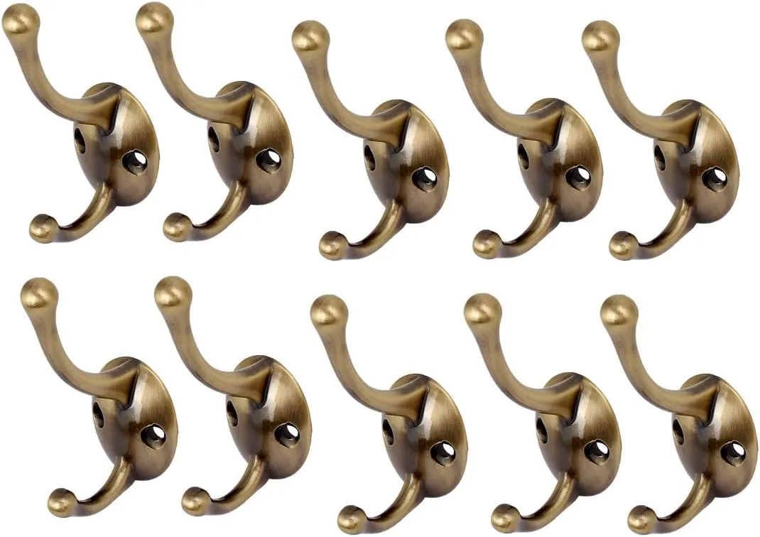 Household Handbag Nails, Screws & Fasteners Umbrella Key Metal Double Hook Wall Mount Hanger Bronze Picture Hangers Tone 10pcs