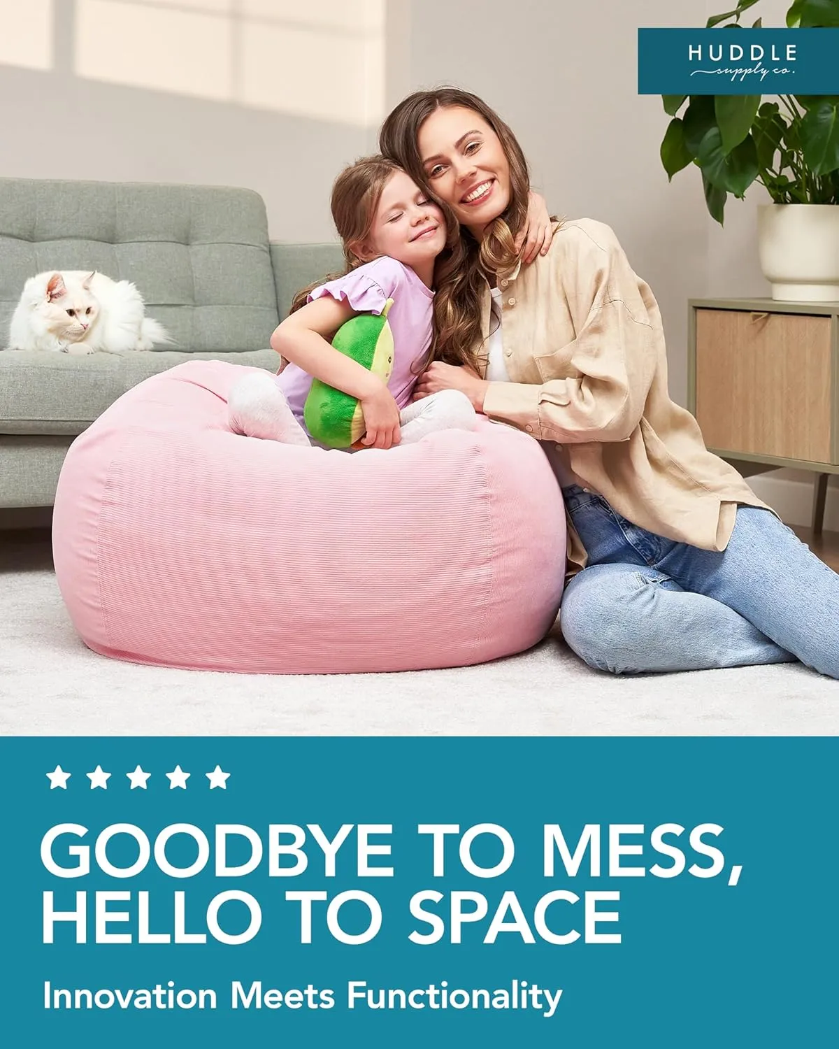 Huddle Original Stuffed Animal Bean Bag Storage Extra Large Designer Beanbag Chairs for Kids Teens & Adults | Instant Clutter Clear for Stylish Moms - Stuffed Animal Storage Bean Bag Pink Corduroy
