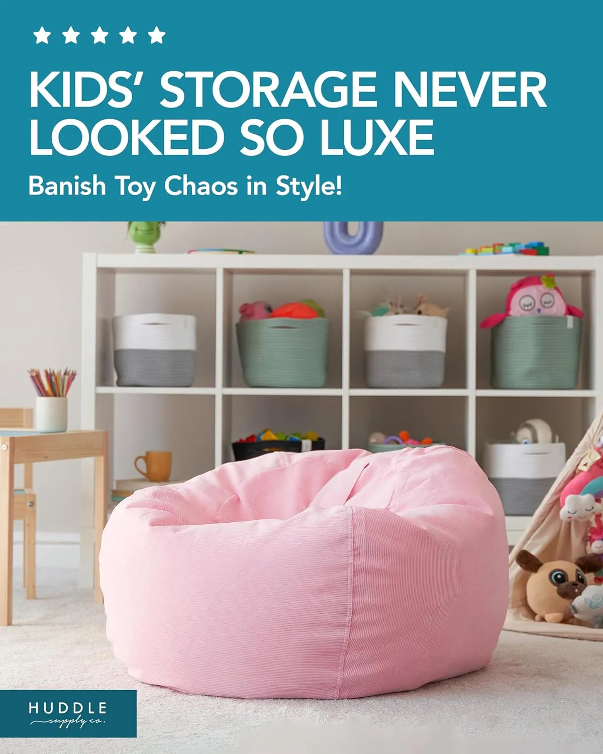 Huddle Original Stuffed Animal Bean Bag Storage Extra Large Designer Beanbag Chairs for Kids Teens & Adults | Instant Clutter Clear for Stylish Moms - Stuffed Animal Storage Bean Bag Pink Corduroy