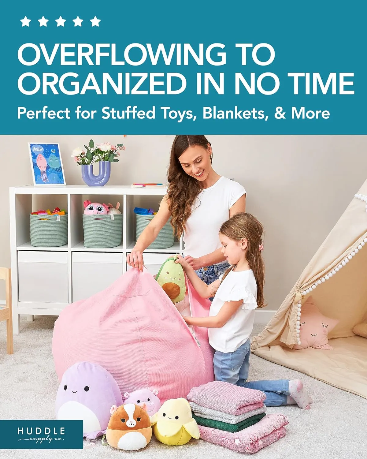 Huddle Original Stuffed Animal Bean Bag Storage Extra Large Designer Beanbag Chairs for Kids Teens & Adults | Instant Clutter Clear for Stylish Moms - Stuffed Animal Storage Bean Bag Pink Corduroy