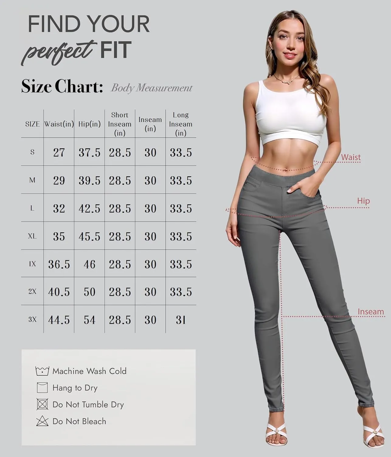 Hybrid & Company Women's Pull On Stretchy Mid Rise Skinny Fit Pants Regular or Distressed Jeans with Long Short Inseam