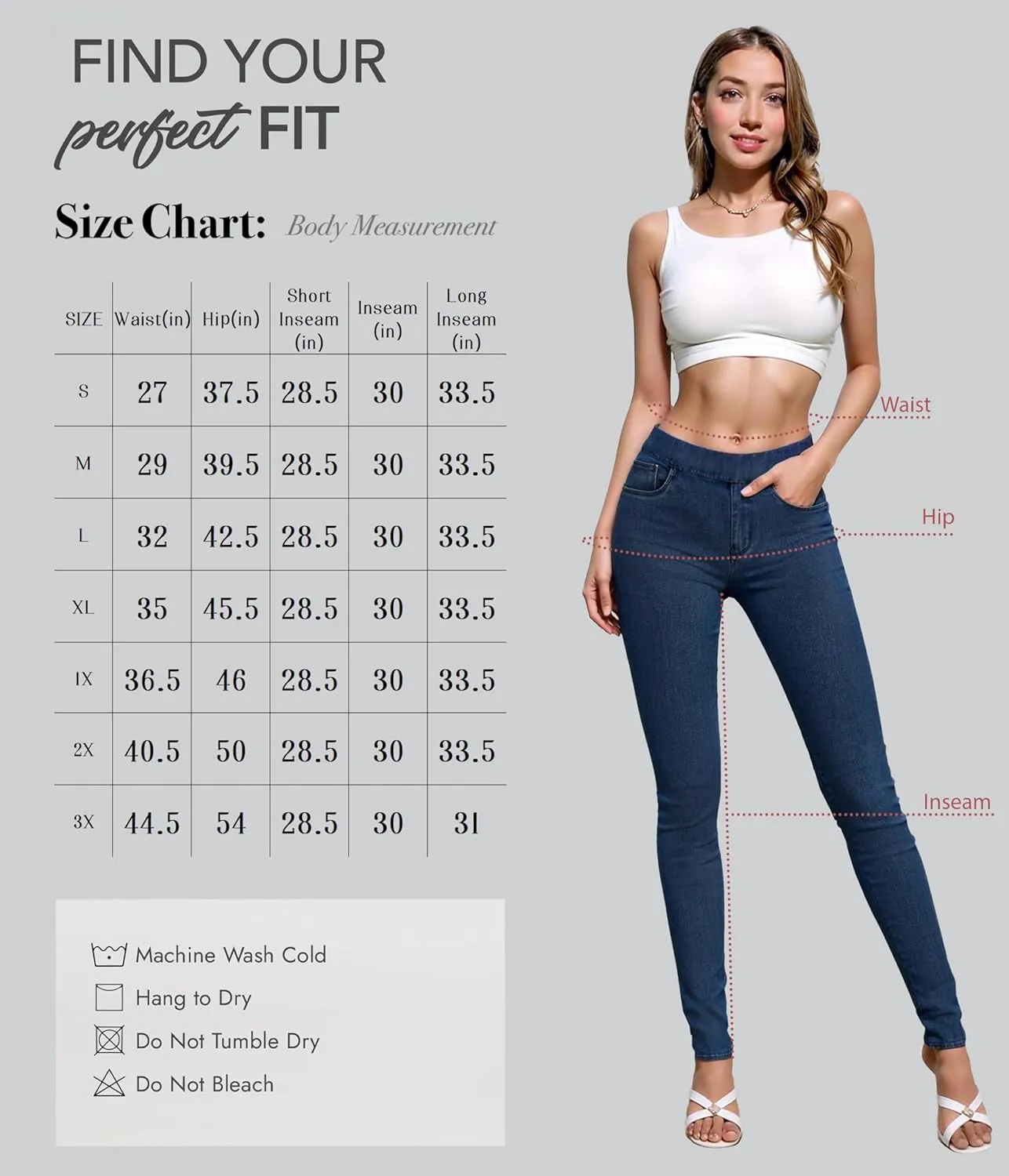 Hybrid & Company Women's Pull On Stretchy Mid Rise Skinny Fit Pants Regular or Distressed Jeans with Long Short Inseam