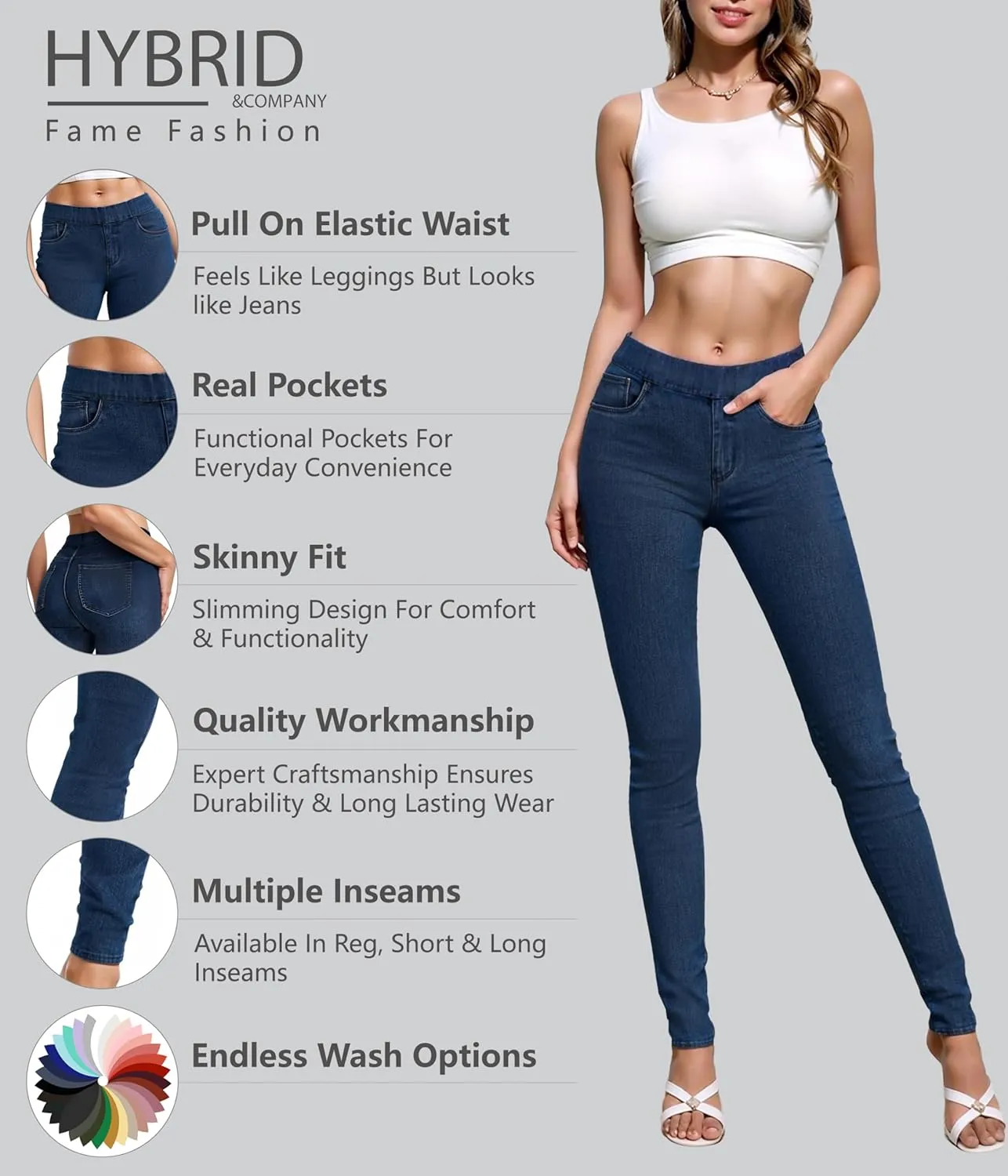 Hybrid & Company Women's Pull On Stretchy Mid Rise Skinny Fit Pants Regular or Distressed Jeans with Long Short Inseam