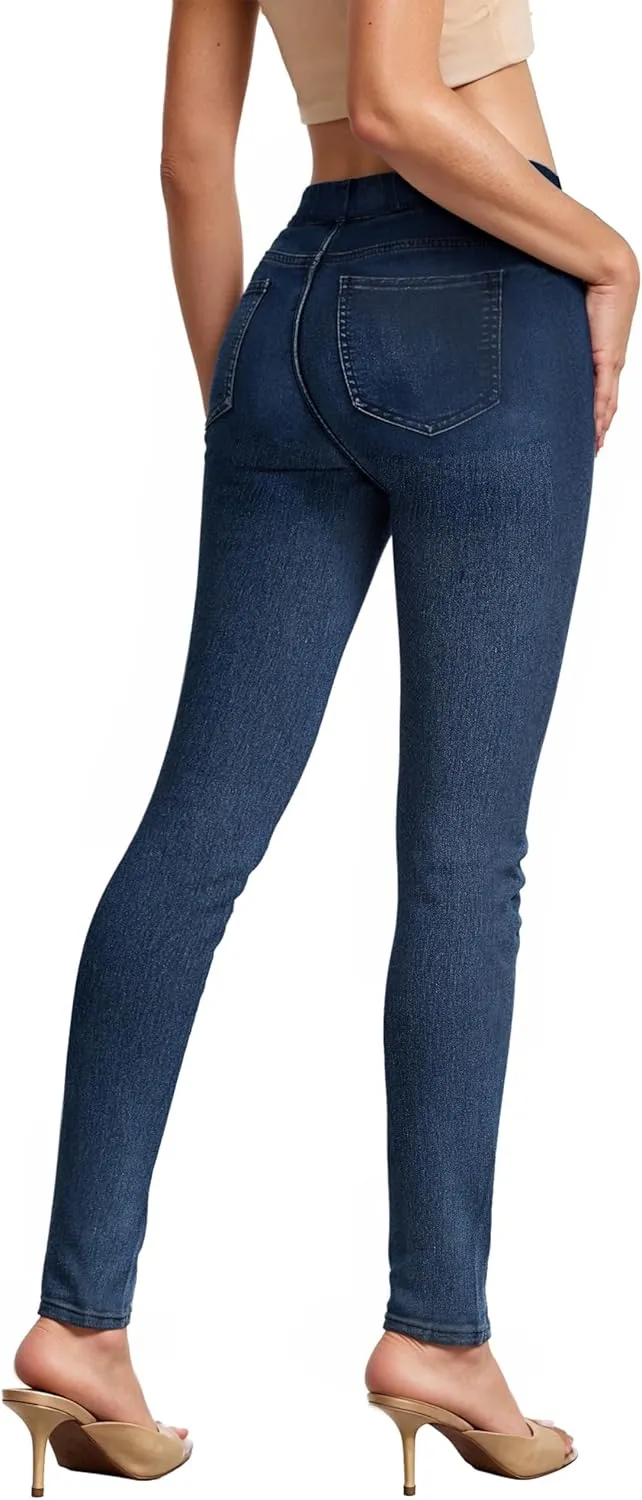 Hybrid & Company Women's Pull On Stretchy Mid Rise Skinny Fit Pants Regular or Distressed Jeans with Long Short Inseam