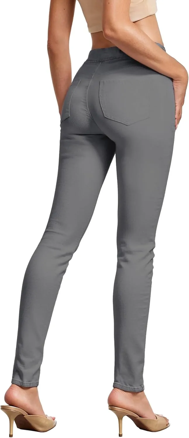 Hybrid & Company Women's Pull On Stretchy Mid Rise Skinny Fit Pants Regular or Distressed Jeans with Long Short Inseam