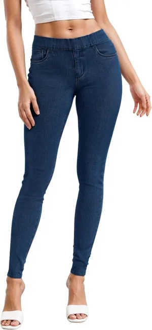 Hybrid & Company Women's Pull On Stretchy Mid Rise Skinny Fit Pants Regular or Distressed Jeans with Long Short Inseam