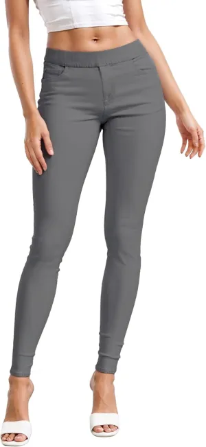 Hybrid & Company Women's Pull On Stretchy Mid Rise Skinny Fit Pants Regular or Distressed Jeans with Long Short Inseam