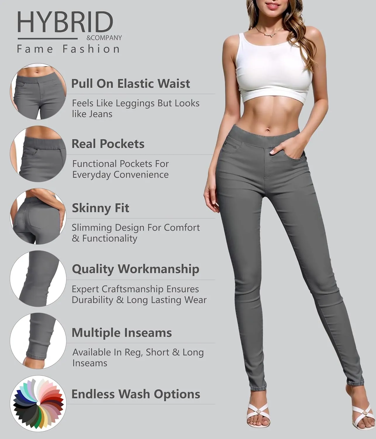 Hybrid & Company Women's Pull On Stretchy Mid Rise Skinny Fit Pants Regular or Distressed Jeans with Long Short Inseam