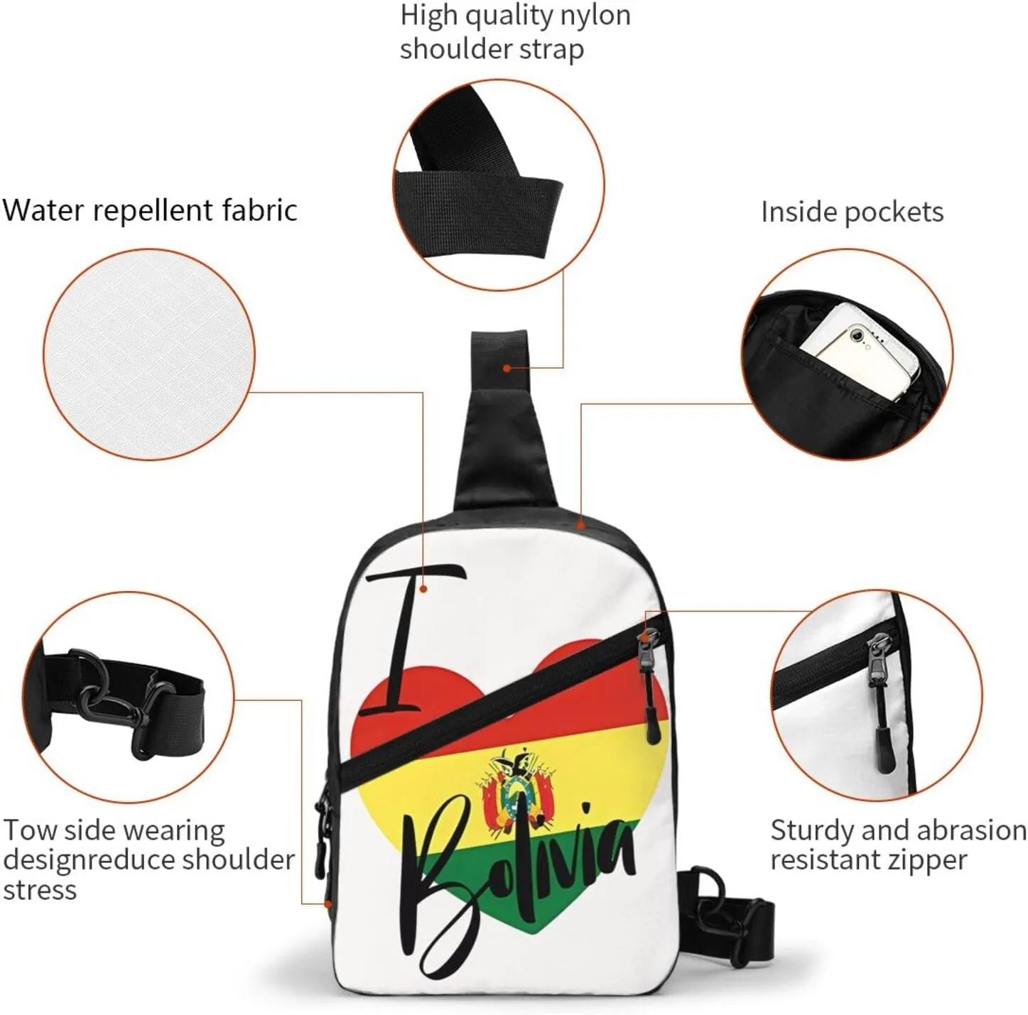 I Love Boliva Packable Crossbody Bag Portable Sling Bags Foldable Travel Daypack Reusable Sports Shoulder Backpack Diagonally Chest Bag for Workout