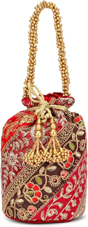 Indian Silk Patchwork Potli Bag for Women, Exquisite Handmade Embroidery, Sequin, and Beads Work - Ideal for Parties, Weddings, Gift Purpose and festive season