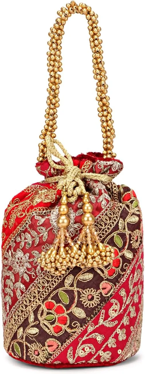 Indian Silk Patchwork Potli Bag for Women, Exquisite Handmade Embroidery, Sequin, and Beads Work - Ideal for Parties, Weddings, Gift Purpose and festive season