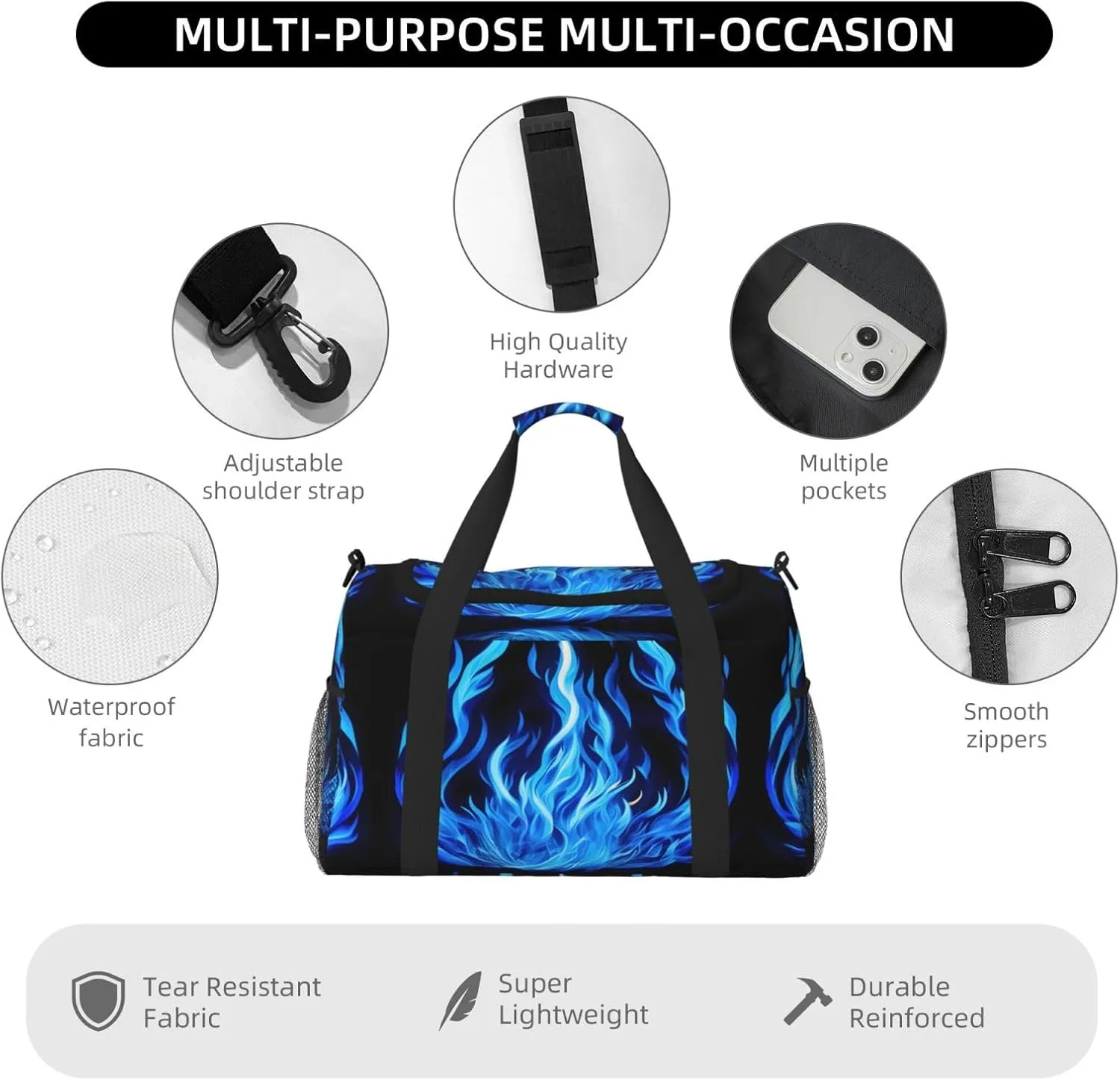 Indigo Flame Print Travel Duffel Bag With Zippers And Handles, Big Foldable Duffle Bag For Family Vacations