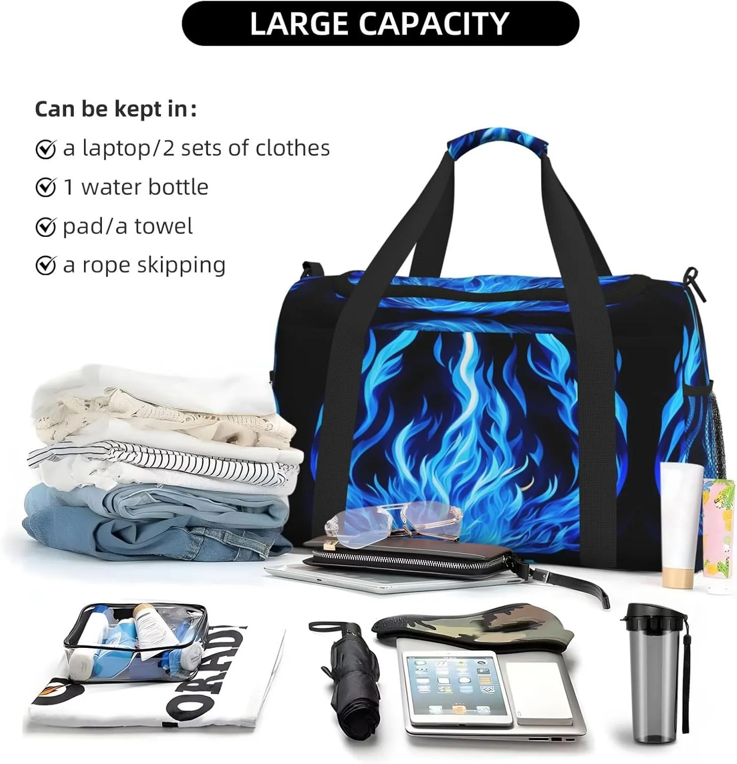 Indigo Flame Print Travel Duffel Bag With Zippers And Handles, Big Foldable Duffle Bag For Family Vacations
