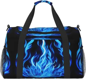 Indigo Flame Print Travel Duffel Bag With Zippers And Handles, Big Foldable Duffle Bag For Family Vacations