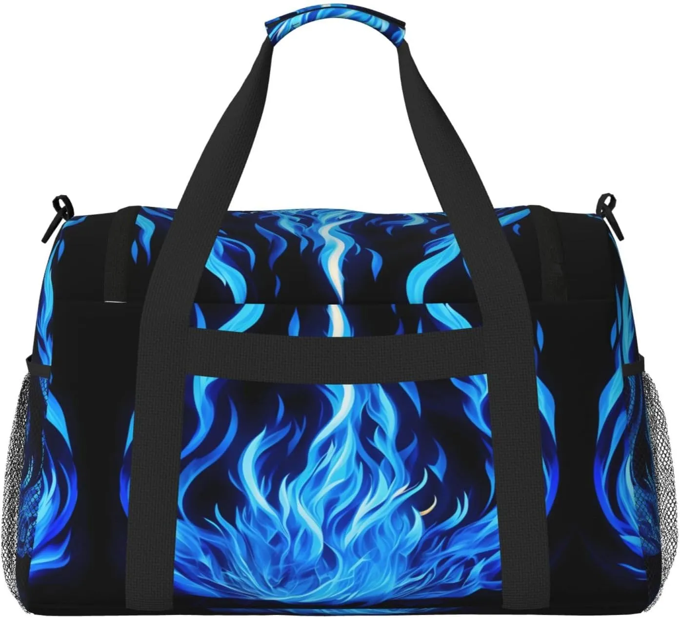 Indigo Flame Print Travel Duffel Bag With Zippers And Handles, Big Foldable Duffle Bag For Family Vacations