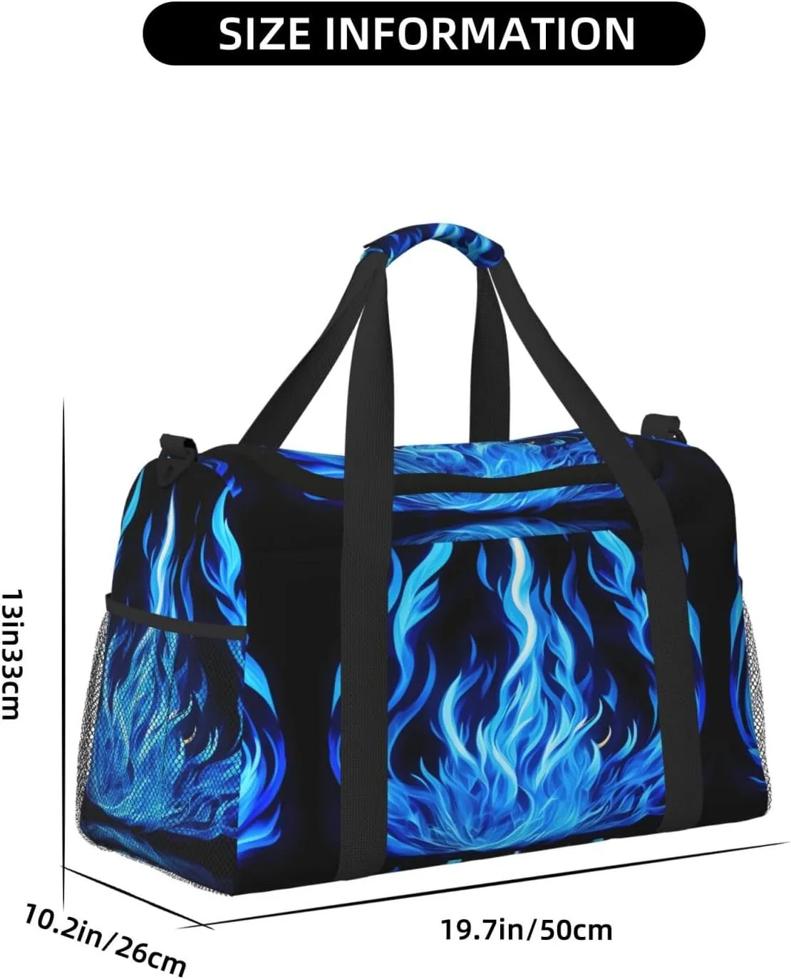 Indigo Flame Print Travel Duffel Bag With Zippers And Handles, Big Foldable Duffle Bag For Family Vacations