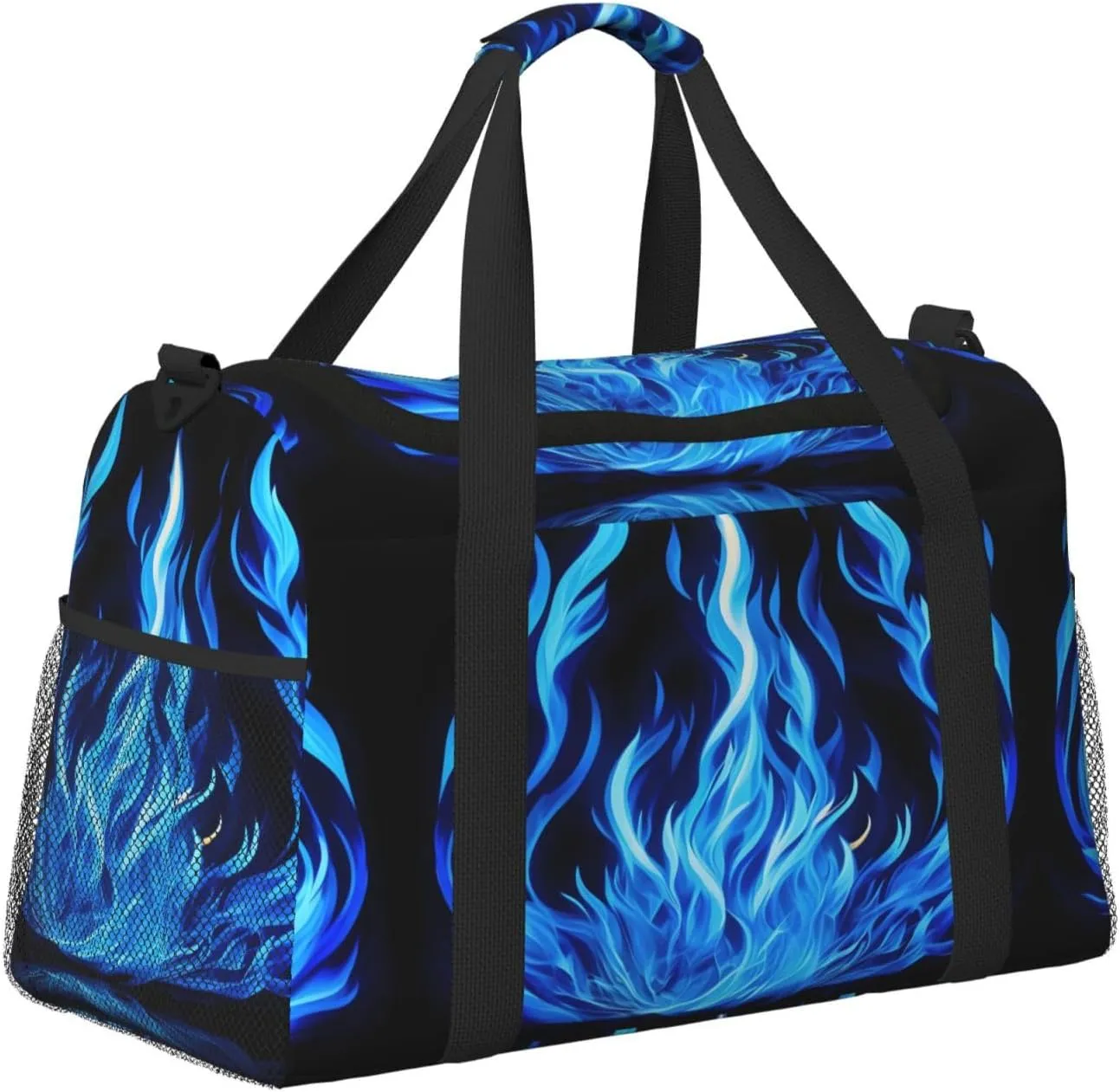 Indigo Flame Print Travel Duffel Bag With Zippers And Handles, Big Foldable Duffle Bag For Family Vacations